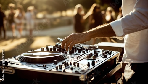 DJ playing music at a vibrant beach party during sunset with palm trees in th...