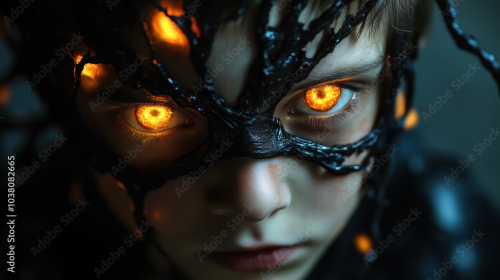 Eerie child with glowing eyes and dark web-like mask, intense expression Eerie child with glowing eyes and dark web-like mask, intense expression