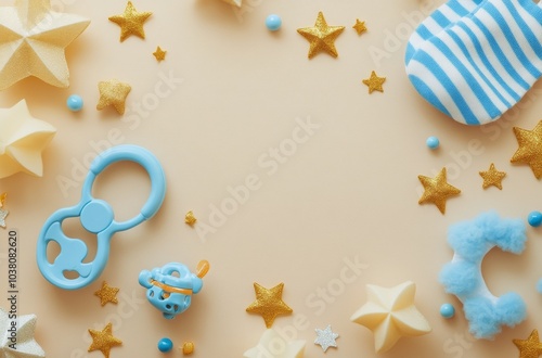 A collection of baby accessories arranged with decorative stars and beads on ...