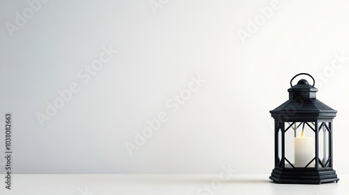 Minimalistic black lantern with lit candle on white surface