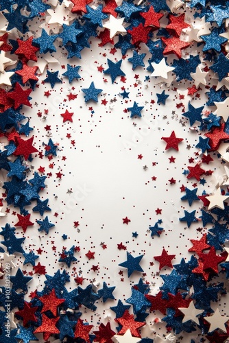 Festive arrangement of red white and blue stars with glitter for a celebratio...