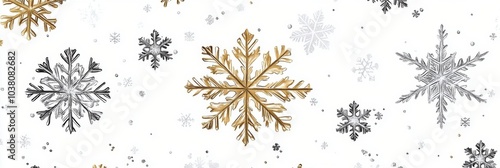 Colorful snowflakes in shades of silver and gold against a white background f...