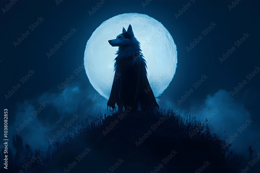 Fototapeta premium Haunting Husky Silhouette Under Full Mystical Moon in Spooky Nightscape