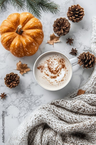 Warm pumpkin spice latte with autumn leaves and pinecones on a cozy knit blanket