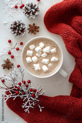 Cozy hot chocolate with marshmallows and pinecones on a red knit blanket in w...