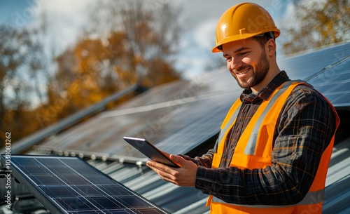 Technician inspecting solar panels on a rooftop in autumn while using a table...
