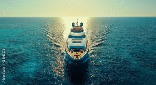 Luxury yacht cruising through clear turquoise waters near rocky coastline dur...