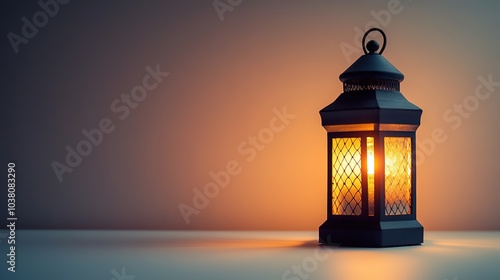 Illuminated lantern with warm glow on subtle gradient.