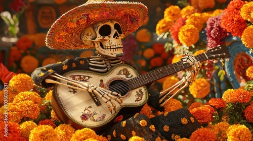 Artistic Skeleton Playing Guitar in Flower Garden