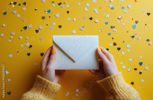 Person holding a letter on a festive yellow background with colorful heart sh...