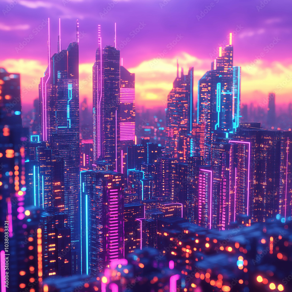 Obraz premium vibrant cityscape at dusk, showcasing futuristic skyscrapers illuminated by neon lights in shades of blue and pink. skyline reflects blend of technology and artistry, creating captivating urban