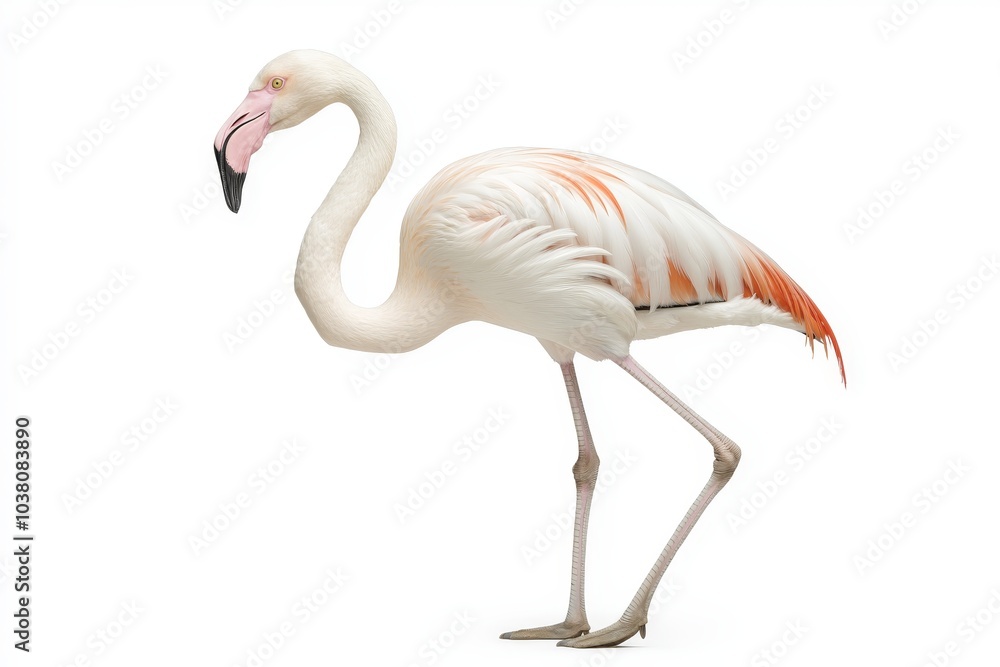 Fototapeta premium Elegant flamingo portrait with pink feathers, one legged stance, minimalist side view on white isolated