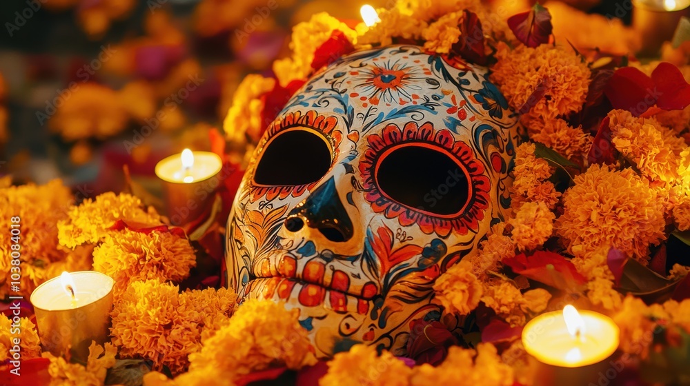 Colorful Skull with Marigolds and Candles Colorful Skull with Marigolds and Candles