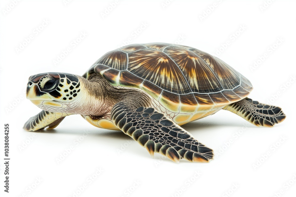 Obraz premium Elegant sea turtle portrait calm expression and side view on minimalist white background isolated
