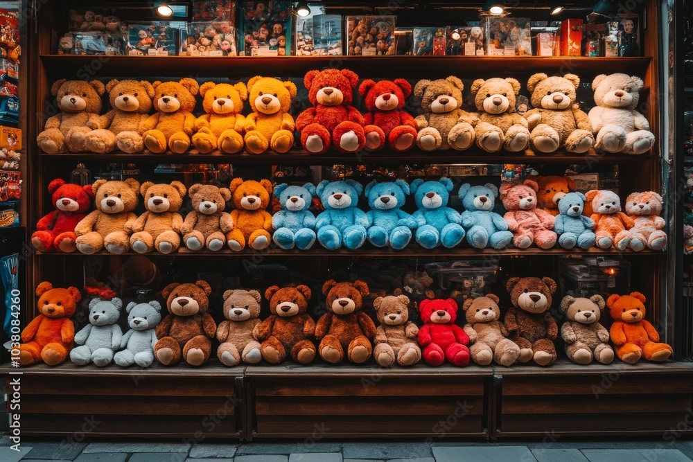 Rows of colorful teddy bears displayed in a shop window. Rows of colorful teddy bears displayed in a shop window.