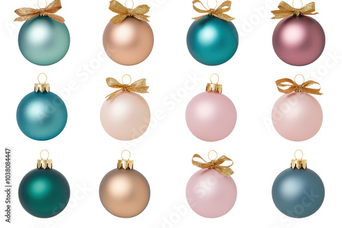 Set of green and white Christmas ornaments with marble and striped patterns, isolated on white background. Ideal for seasonal decorations and holiday themes. 