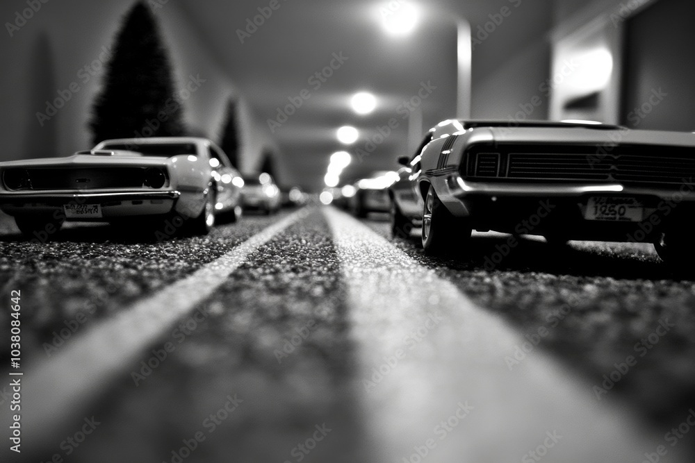 A black and white photo of a classic car driving down a long, empty road. A black and white photo of a classic car driving down a long, empty road.