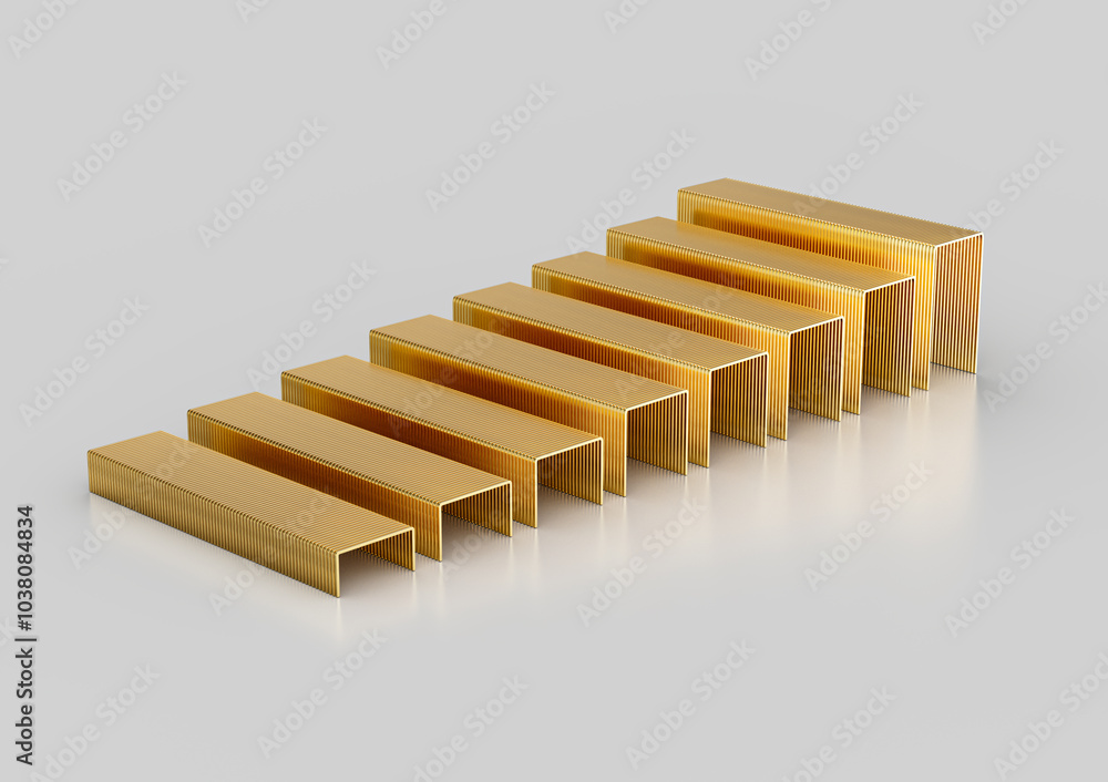 A Series Of Golden Metal Staple Pins Arranged In Parallel Rows On White Background 3D Illustration A Series Of Golden Metal Staple Pins Arranged In Parallel Rows On White Background 3D Illustration