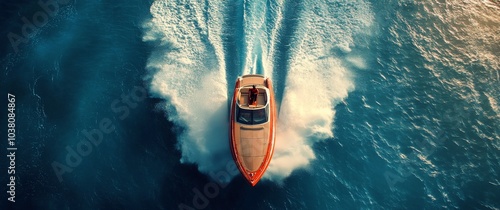 Fast motorboat navigating through turquoise waters during daylight in a coast...