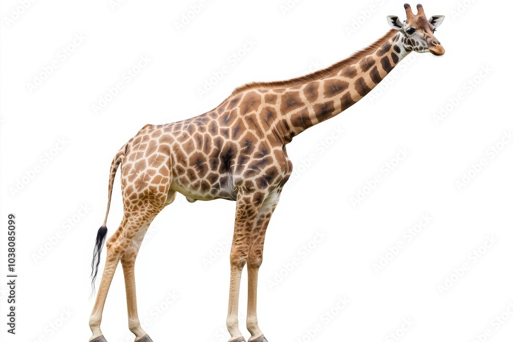 Naklejka premium Portrait of a giraffe with spotted fur, neck extended, centered against a clean white background isolated