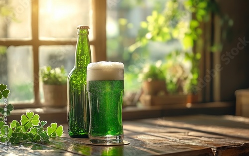 A refreshing green beverage sits on a wooden table with shamrock decorations ...