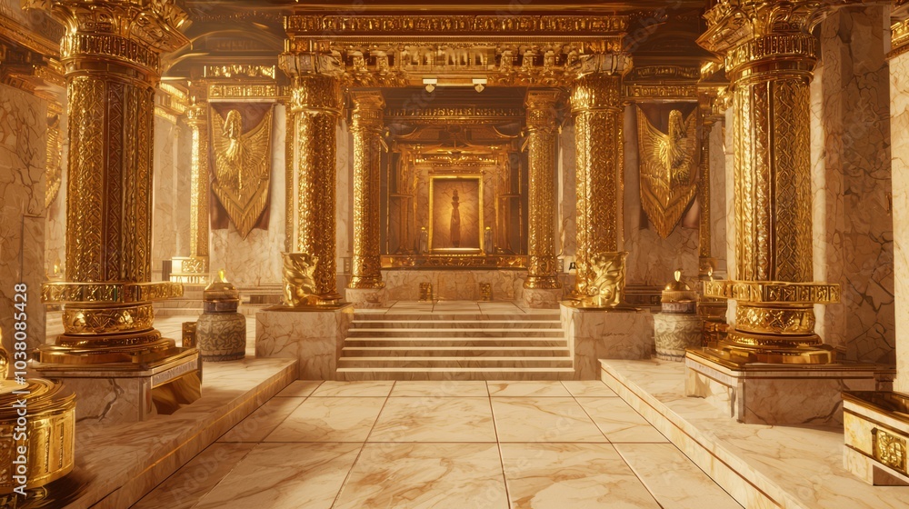 Naklejka premium Opulent Mysteries Unveiled: Ultra-Detailed View of a Lavishly Adorned Tomb with Golden Artifacts and Plush Fabrics