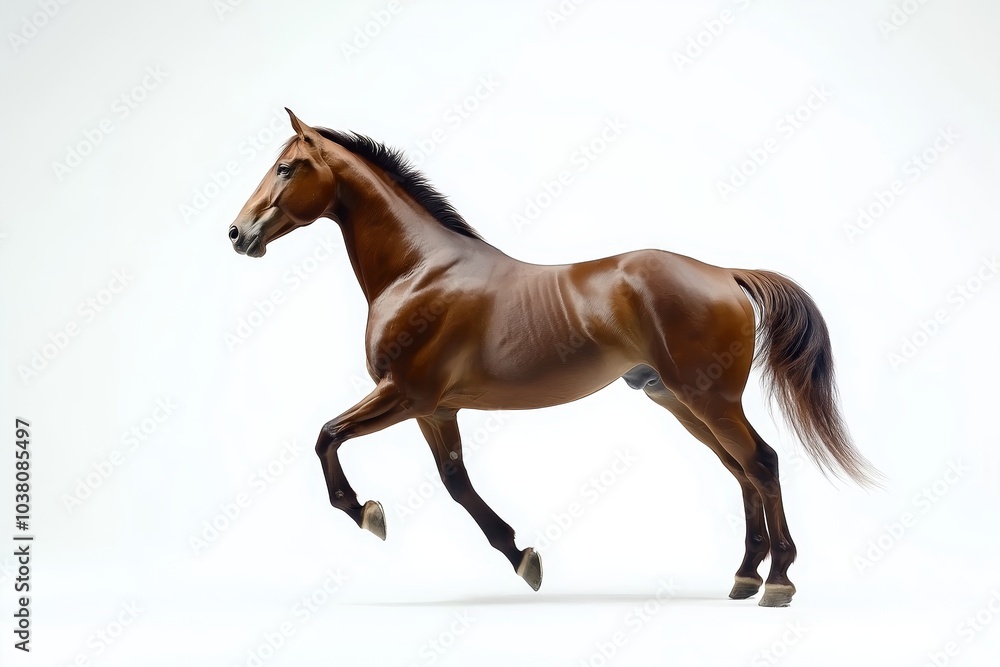 Dynamic portrait of a galloping horse with shiny brown coat against a minimalist white background Dynamic portrait of a galloping horse with shiny brown coat against a minimalist white background
