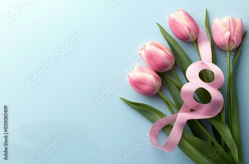 A bouquet of pink tulips with a ribbon arranged on a light blue background fo...