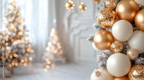Elegant golden and white Christmas decorations in a bright, festive indoor se...