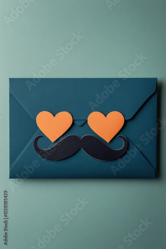 Decorative envelope with paper mustache and hearts on a teal background for a...