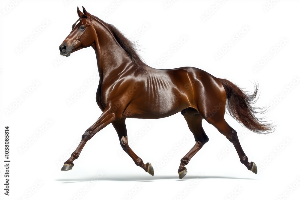 Fototapeta premium Energetic galloping horse portrait with shiny brown coat on a minimalist white background isolated