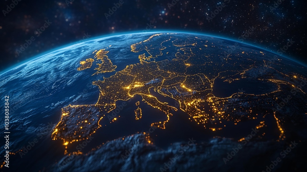 Global network connection visualization over Europe from space with illuminated city lights and blue atmosphere. Generative AI Global network connection visualization over Europe from space with illuminated city lights and blue atmosphere. Generative AI