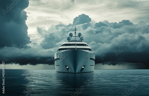 A luxurious yacht sailing in dark waters under a dramatic stormy sky at twilight