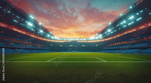 A vibrant sunset over an empty stadium with bright lights illuminating the pitch