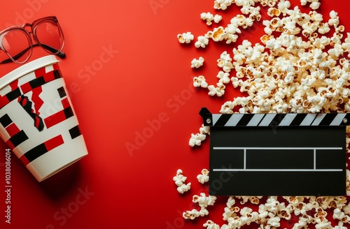 Enjoying a movie night at home with popcorn, glasses, and a clapperboard on a...