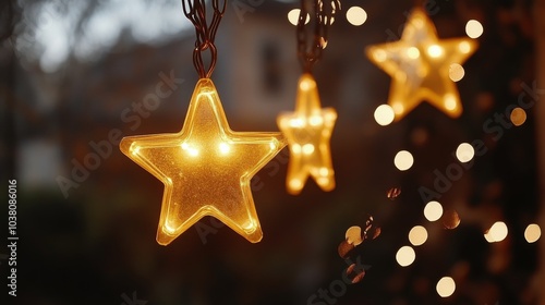 Glowing star decorations illuminate a charming evening garden setting with tw...
