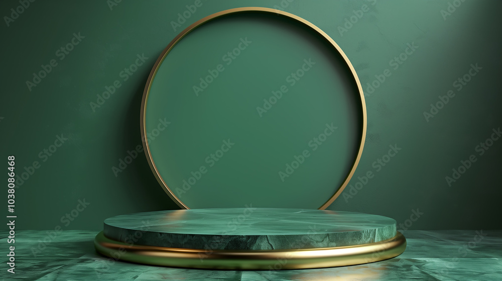 Luxury Elegant Marble Podium with Green and Gold Background for Product Display Luxury Elegant Marble Podium with Green and Gold Background for Product Display