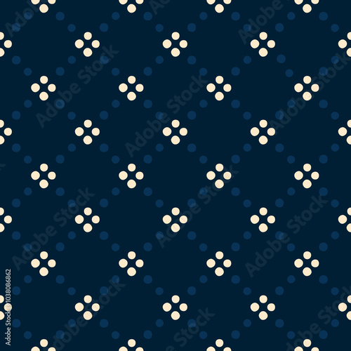 Cute small white flower pattern doodle shapes motif continuous classic blue dots background. Modern decoration ditsy floral fabric design textile swatch ladies dress, men's shirt all over print block.