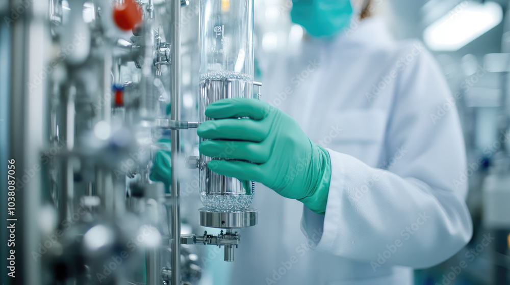 Scientist in protective glove observing bioreactor in advanced laboratory setting, focused on research and experimentation processes. Scientist in protective glove observing bioreactor in advanced laboratory setting, focused on research and experimentation processes.