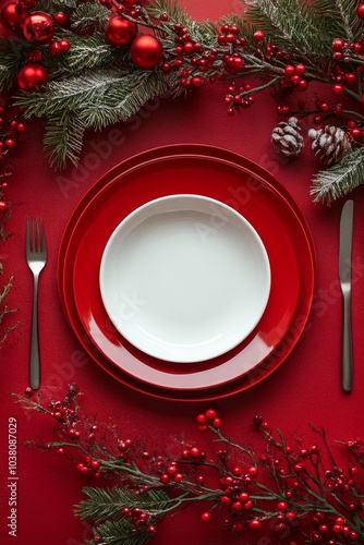 Elegant holiday table setting with red and white plates and festive decorations