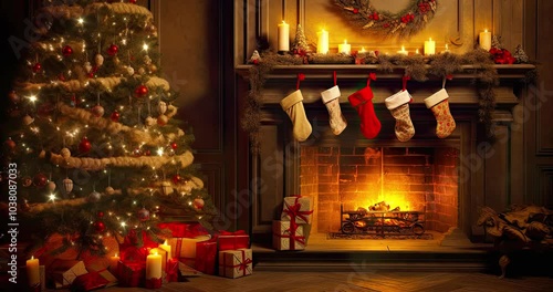 Christmas time Interior scene with decorated tree and fireplace with hanged socks. Winter seasonal 4K loop animation for advertisement.