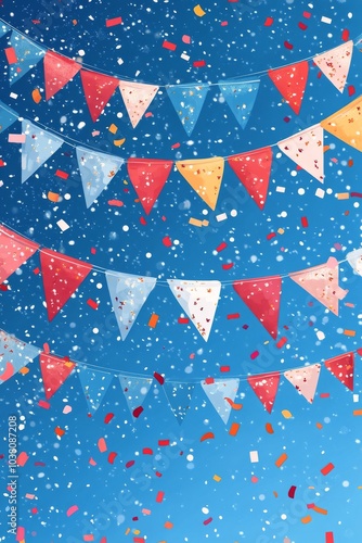 Colorful festive bunting and vibrant confetti against a bright blue sky on a ...