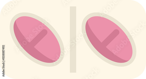 This vector illustration features a blister pack containing two pink oval tablets, representing medication, healthcare, and pharmaceuticals