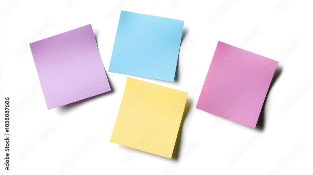 Set of four colorful sticky notes in pastel shades (purple blue yellow pink) arranged on a white background. Perfect for office school or organizational use.. Generative AI Set of four colorful sticky notes in pastel shades (purple blue yellow pink) arranged on a white background. Perfect for office school or organizational use.. Generative AI