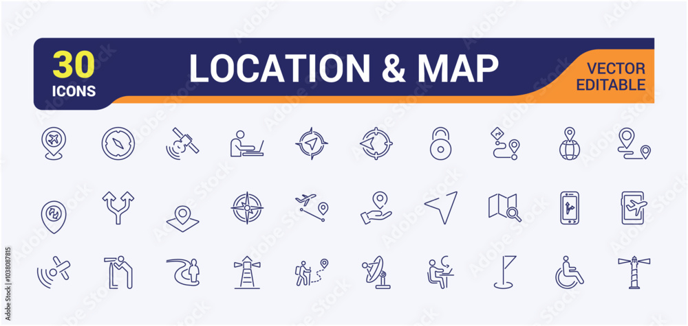 Fototapeta premium Navigation and location icons set. Map icons. Arrows and ddestination editable stroke. Vector illustration.