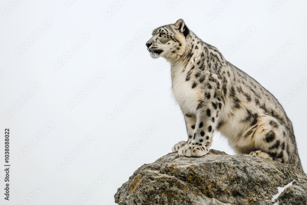 Fierce snow leopard portrait with spotted fur on a rock, profile view, minimalist white background Fierce snow leopard portrait with spotted fur on a rock, profile view, minimalist white background
