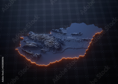 Illuminated Hungary Data Map Highlighting Geographical Features Neon Glow Light 3D Illustration
