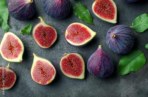 Fresh figs and green leaves arranged on a dark surface, creating a vibrant na...