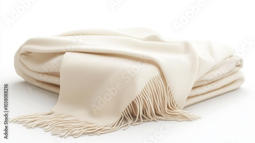 Soft Beige Throw Blanket with Tassels on White Background. Generative AI photo