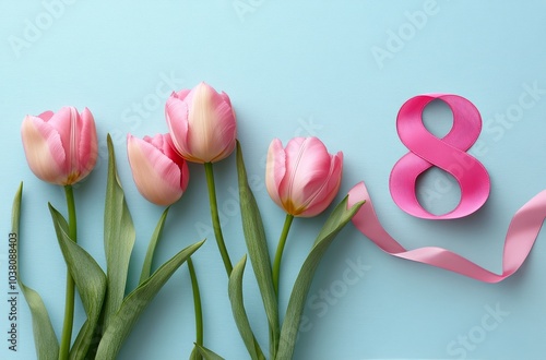 A bouquet of pink tulips with a ribbon arranged on a light blue background fo...